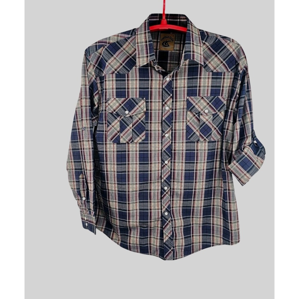 Coevals Club Pearl Snap Shirt Size XL Long Roll Tab Sleeves Red‎ Blue Plaid